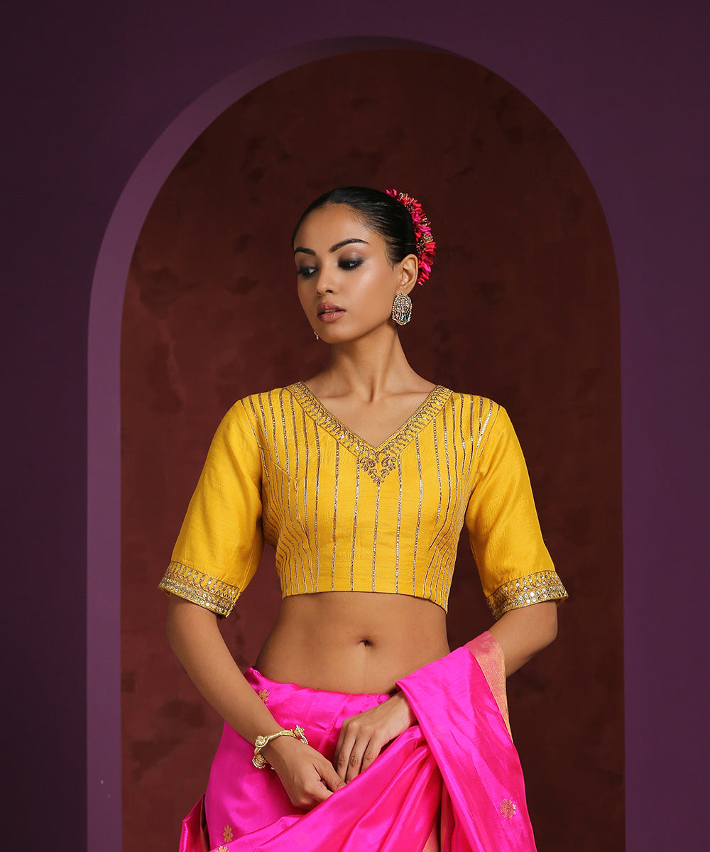 Handcrafted_Yellow_Moonga_Silk_Blouse_With_Gota_Patti_WeaverStory_01
