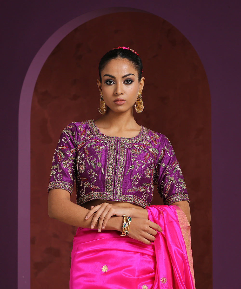 Purple_Handcrafted_Raw_Silk_Zardozi_Blouse_With_Multi_Colour_Meena_WeaverStory_01
