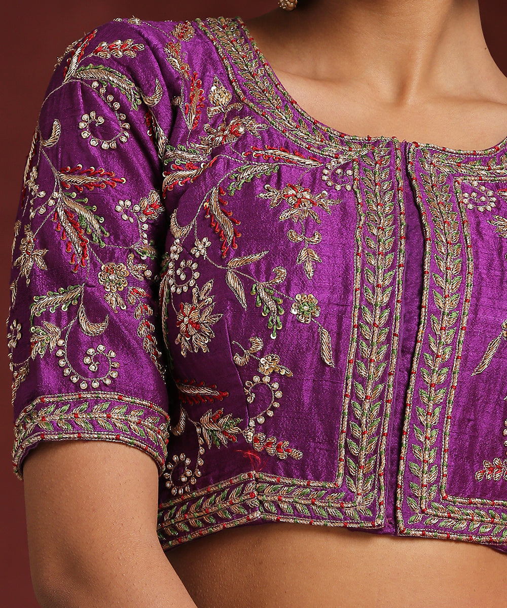 Purple_Handcrafted_Raw_Silk_Zardozi_Blouse_With_Multi_Colour_Meena_WeaverStory_04