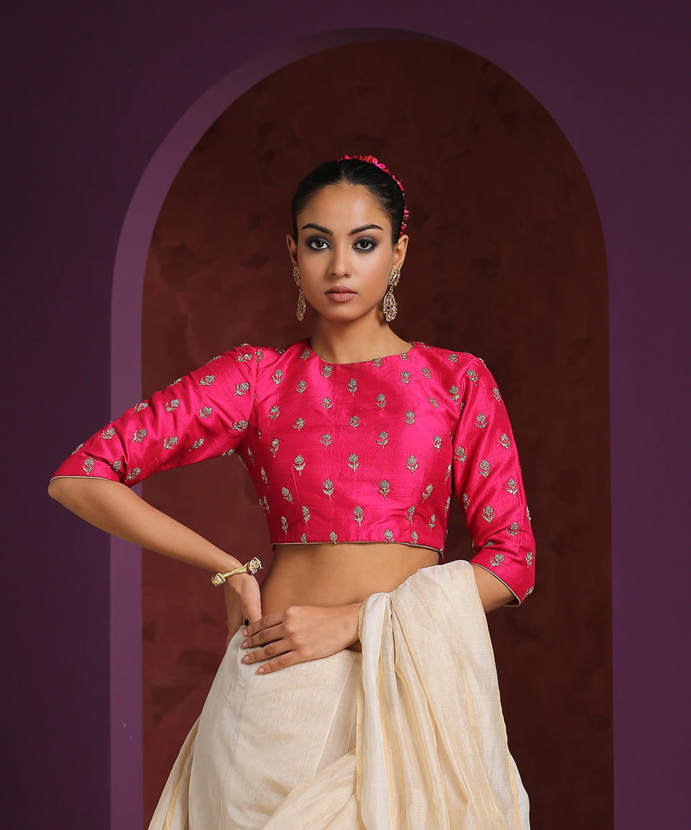 Hot_Pink_Raw_Silk_Hand_Embroidered_Zardozi_Blouse_WeaverStory_01