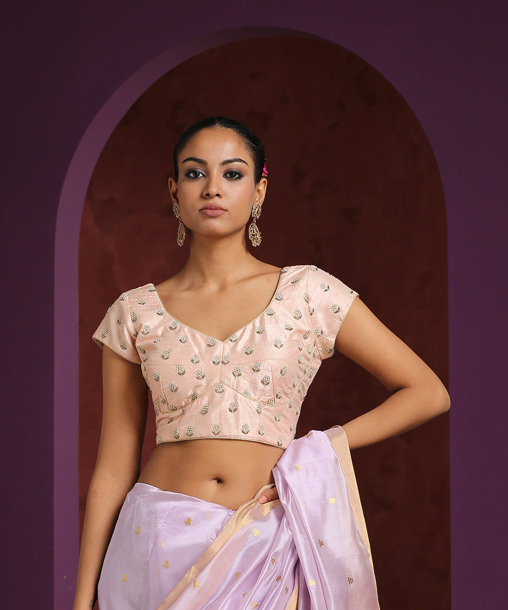 Peach_Handcrafted_Pearl_Booti_Blouse_Raw_Silk_Blouse_WeaverStory_01