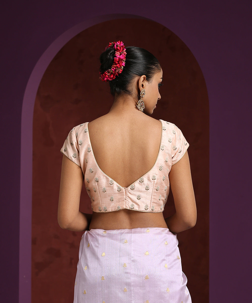 Peach_Handcrafted_Pearl_Booti_Blouse_Raw_Silk_Blouse_WeaverStory_03
