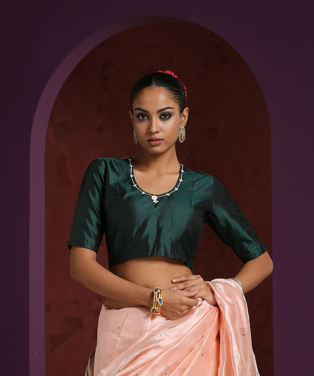 Dark_Green_Mushroo_Silk_Hand_Embroidered_Zardozi_Blouse_WeaverStory_01