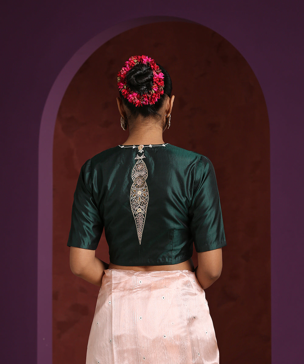 Dark_Green_Mushroo_Silk_Hand_Embroidered_Zardozi_Blouse_WeaverStory_03