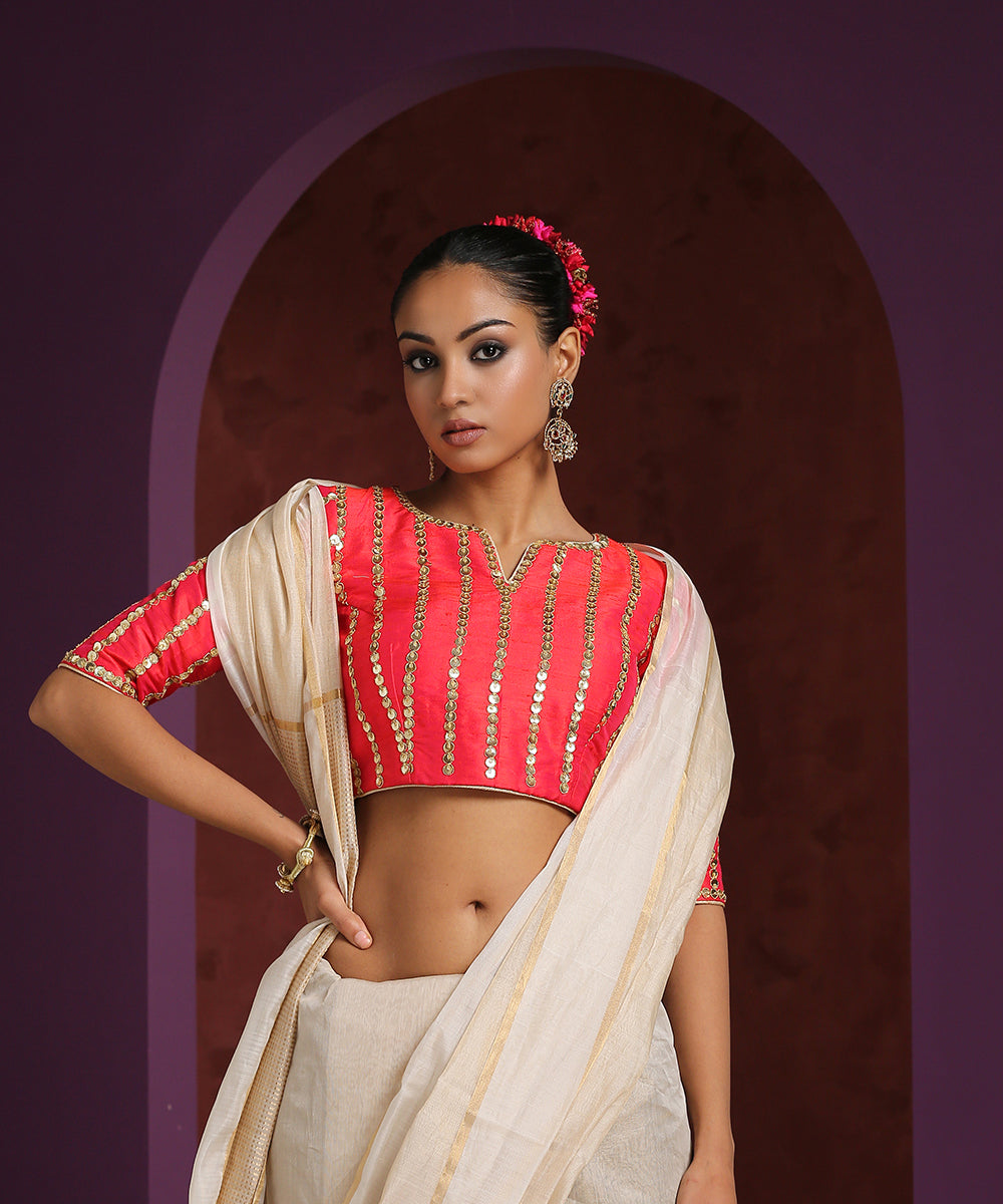 Red_Raw_Silk_Stripe_Embroidery_Blouse_WeaverStory_02