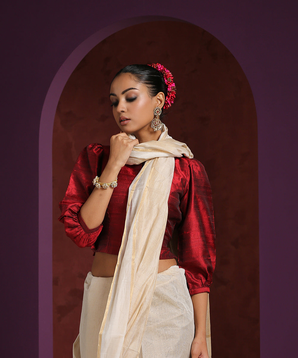 Red Raw Silk Blouse With Puff Sleeve - Byhand I Indian Ethnic Wear