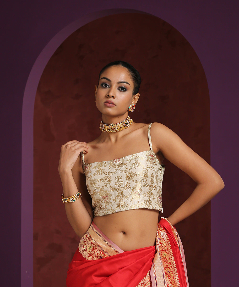 White_Thin_Strap_Pure_Katan_Silk_Brocade_Blouse_WeaverStory_01