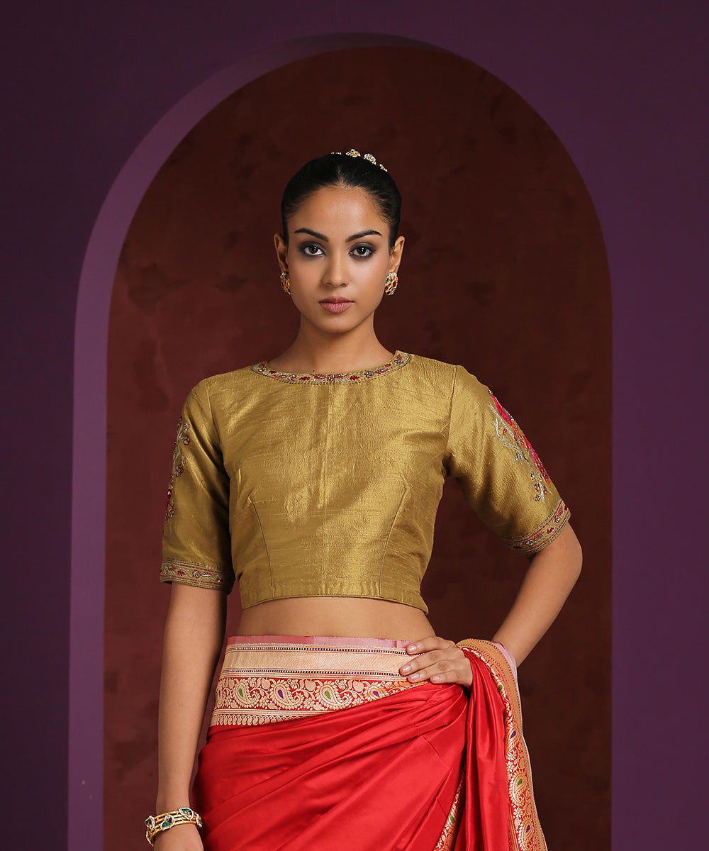 Golden_Raw_Silk_Blouse_With_Hand_Embroidered_Bird_Motif_WeaverStory_01