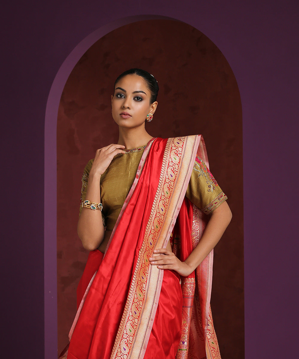Golden_Raw_Silk_Blouse_With_Hand_Embroidered_Bird_Motif_WeaverStory_02