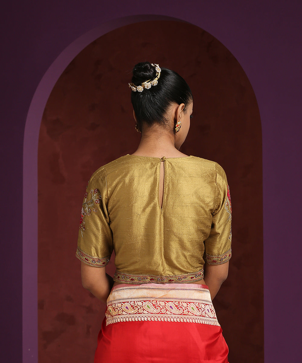 Golden_Raw_Silk_Blouse_With_Hand_Embroidered_Bird_Motif_WeaverStory_03
