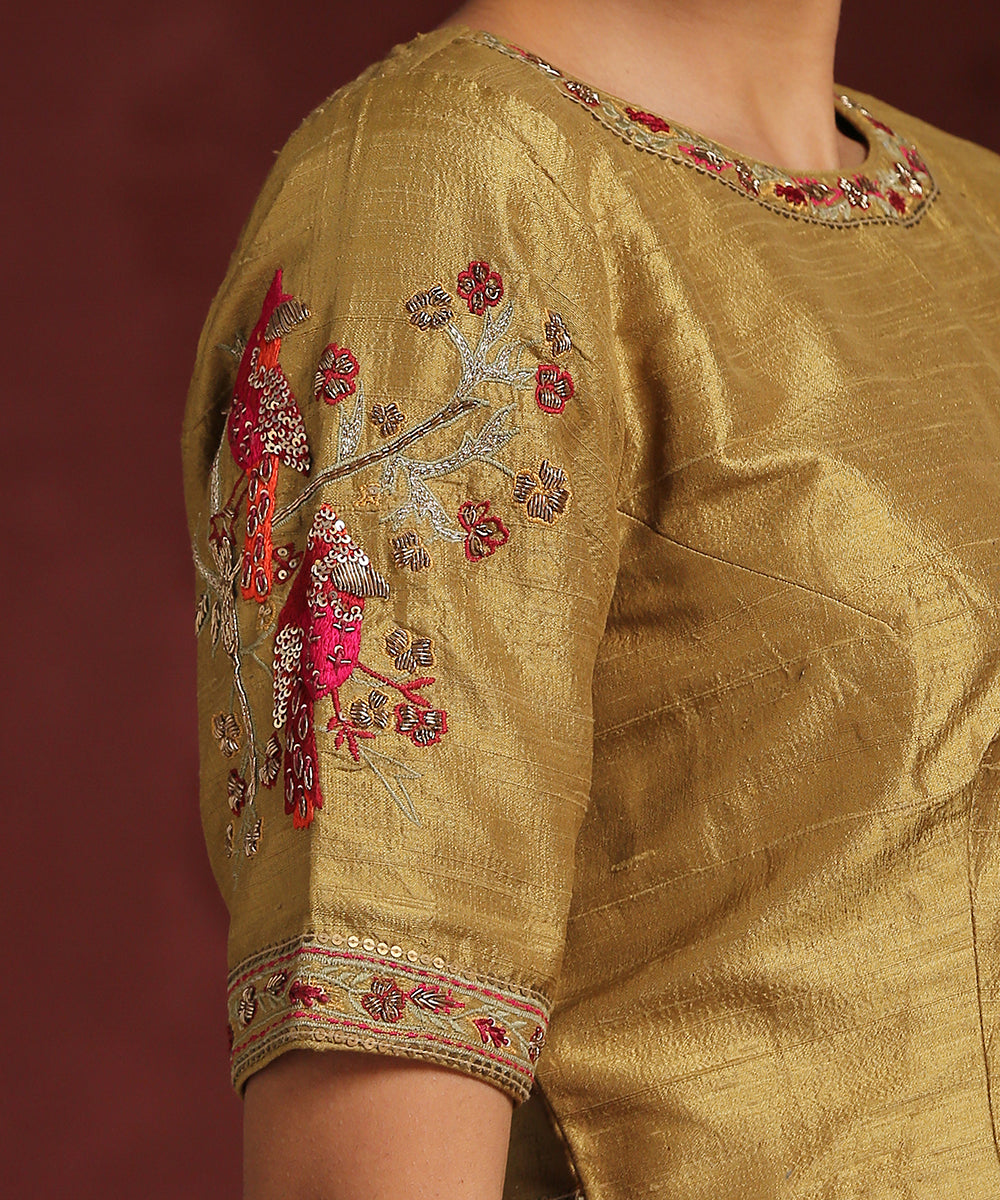 Golden_Raw_Silk_Blouse_With_Hand_Embroidered_Bird_Motif_WeaverStory_04