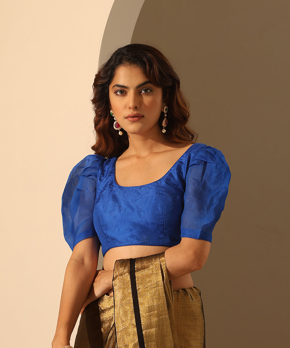 Royal_Blue_Pure_Silk_Blouse_With_Organza_Cowl_Sleeves_WeaverStory_02