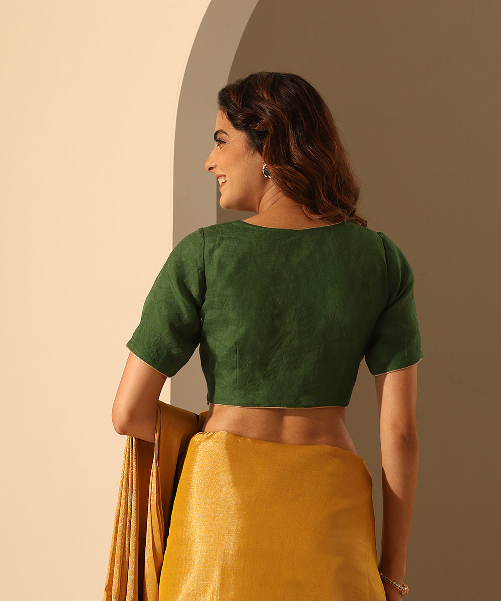 Bottle_Green_Organza_Blouse_With_Choli_Cut_WeaverStory_03