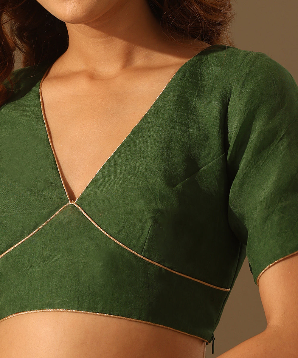 Bottle_Green_Organza_Blouse_With_Choli_Cut_WeaverStory_04