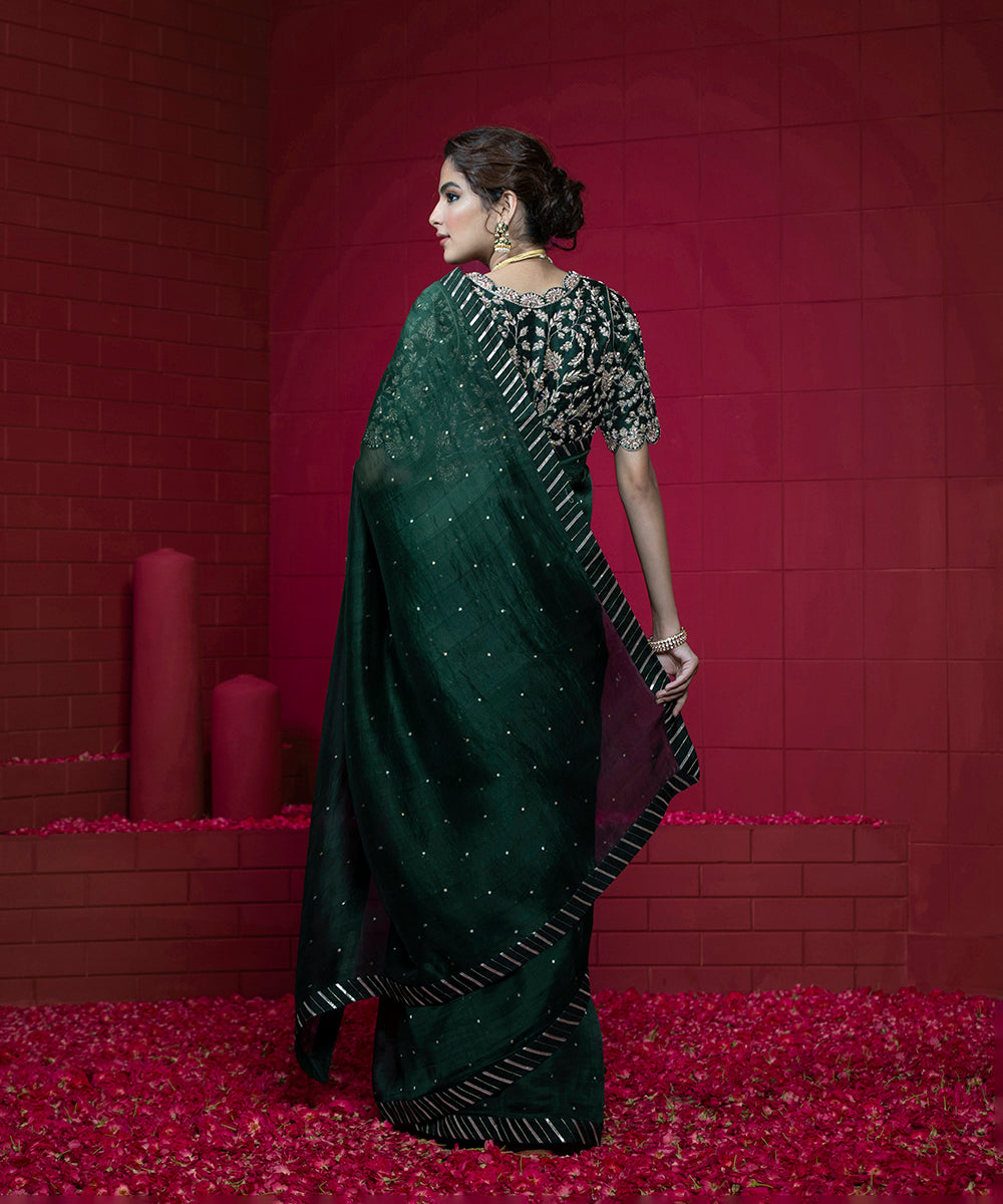 Handloom_Deep_Green_Organza_Gota_Patti_Saree_with_Scalloped_Raw_Silk_Blouse_WeaverStory_03