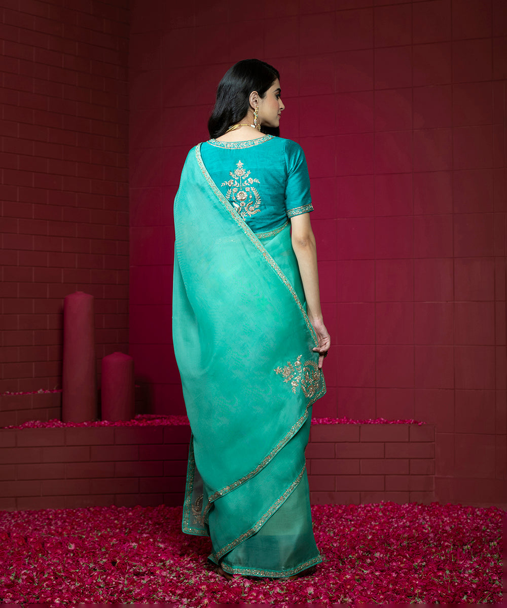 Handloom_Aqua_Blue_Organza_Saree_with_Embroidered_Motifs_And_Sea_Green_Raw_Silk_Blouse_WeaverStory_03