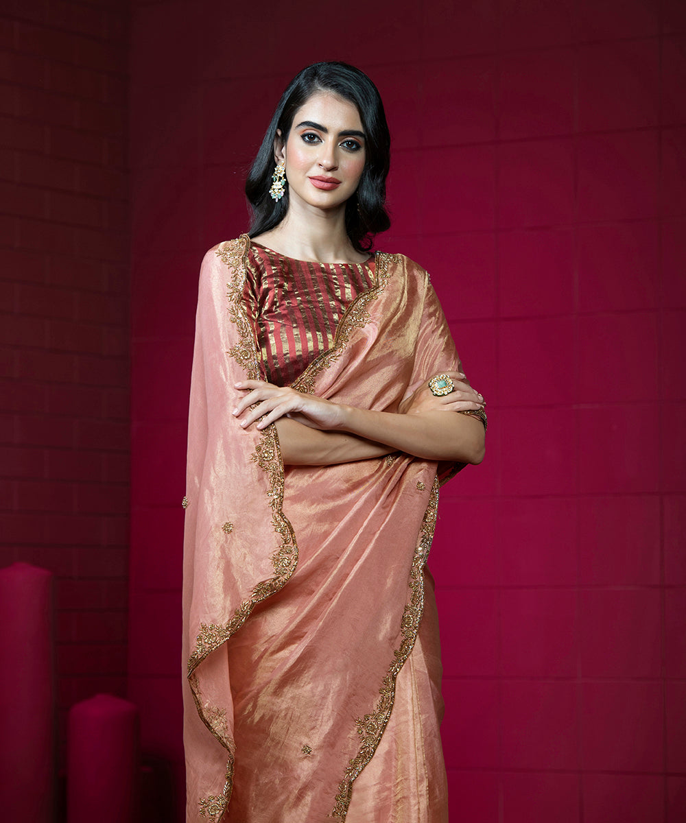 Old Rose Handloom Scalloped Embroidered Tissue Silk Saree With Closed 