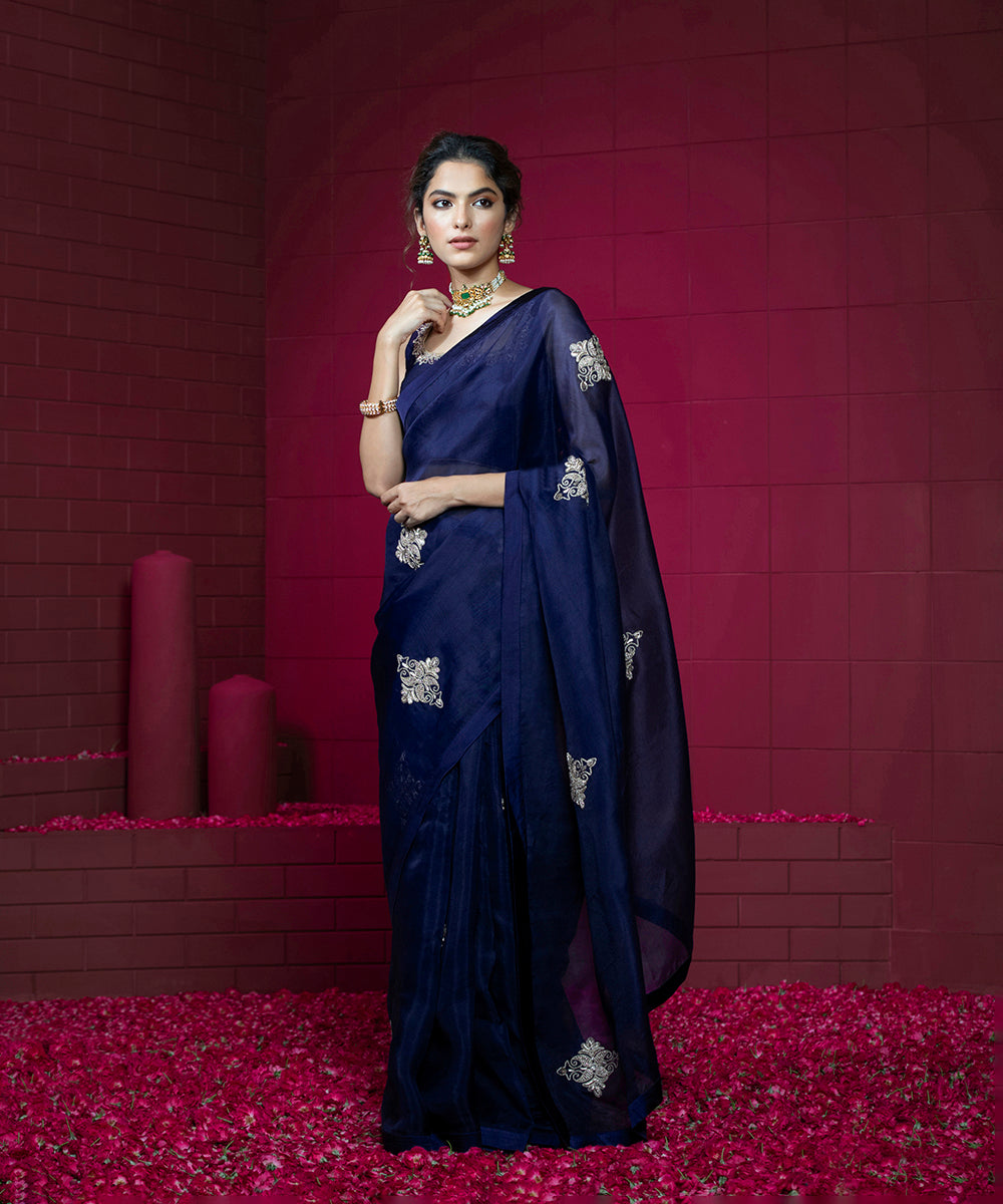 Midnight_Blue_Handloom_Organza_Saree_with_Raw_Silk_Blouse_WeaverStory_02