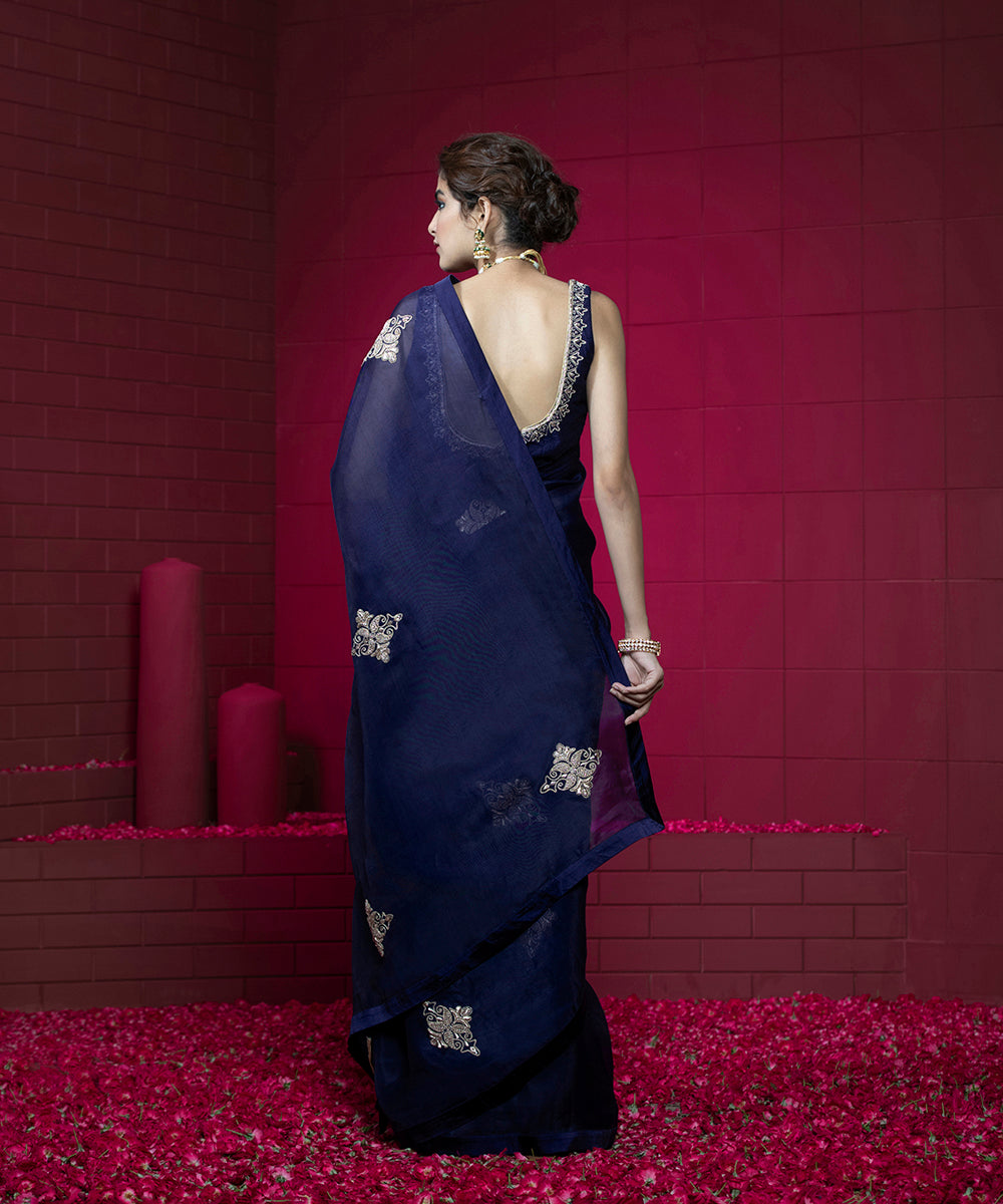 Midnight_Blue_Handloom_Organza_Saree_with_Raw_Silk_Blouse_WeaverStory_03
