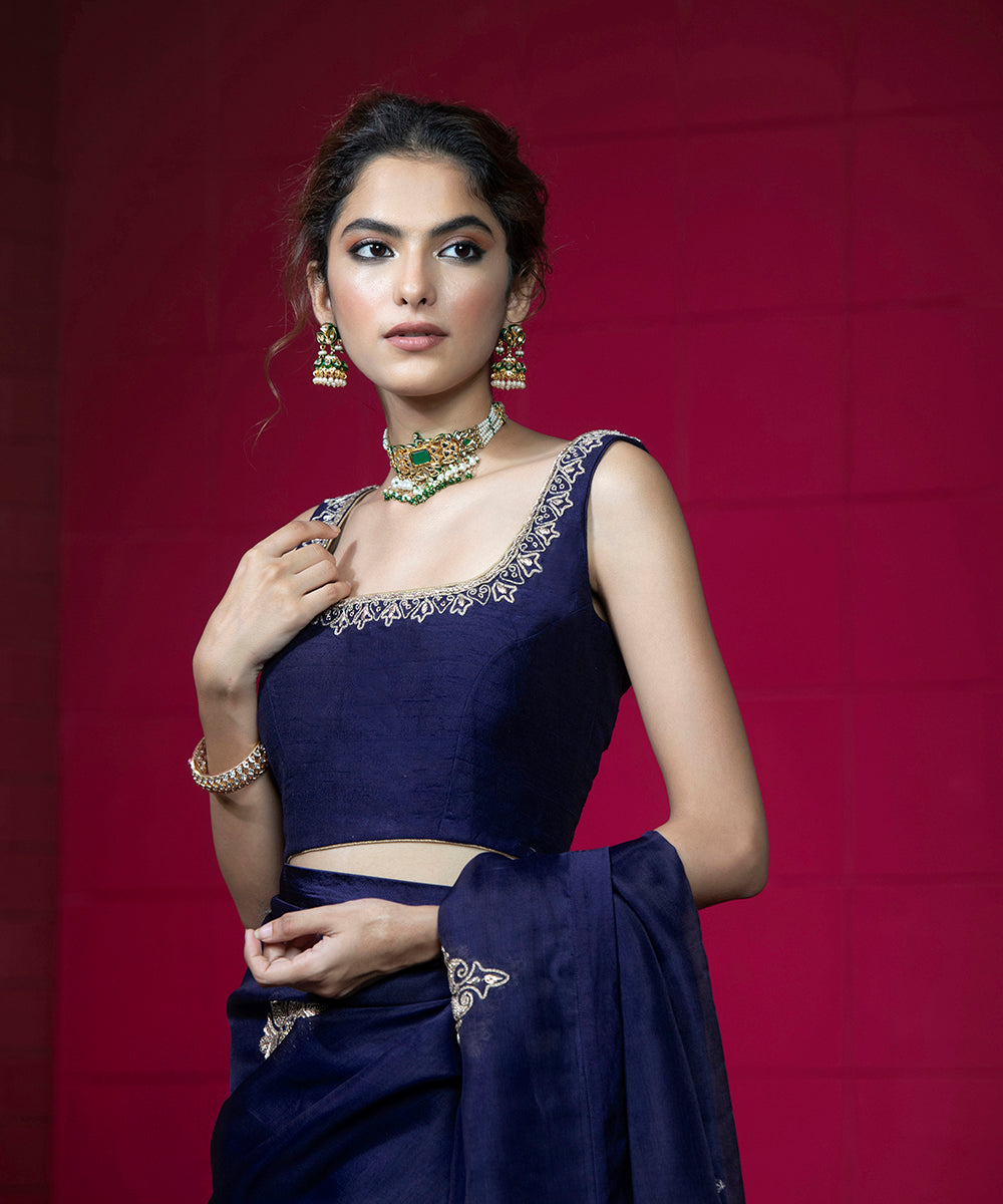 Midnight_Blue_Handloom_Organza_Saree_with_Raw_Silk_Blouse_WeaverStory_04