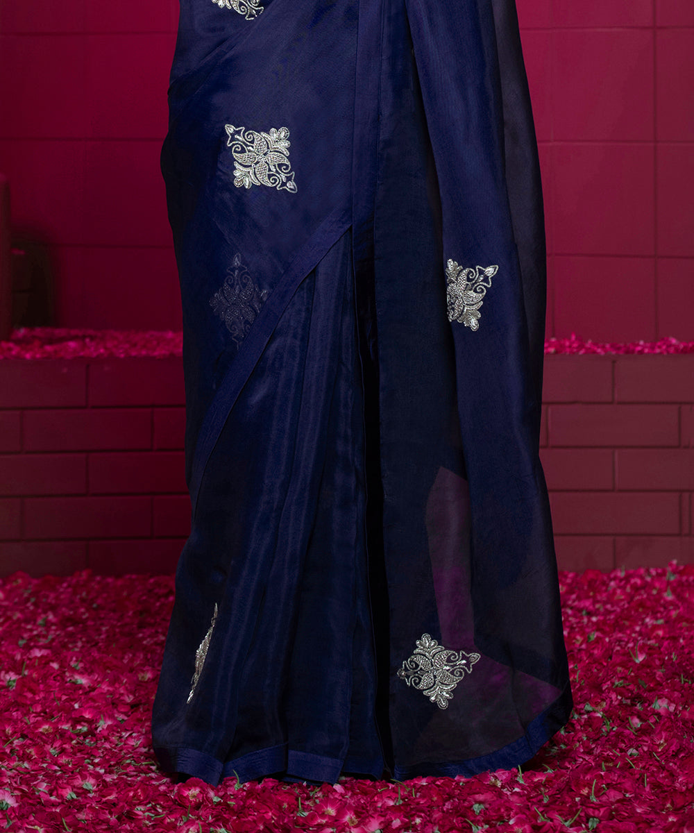 Midnight_Blue_Handloom_Organza_Saree_with_Raw_Silk_Blouse_WeaverStory_05
