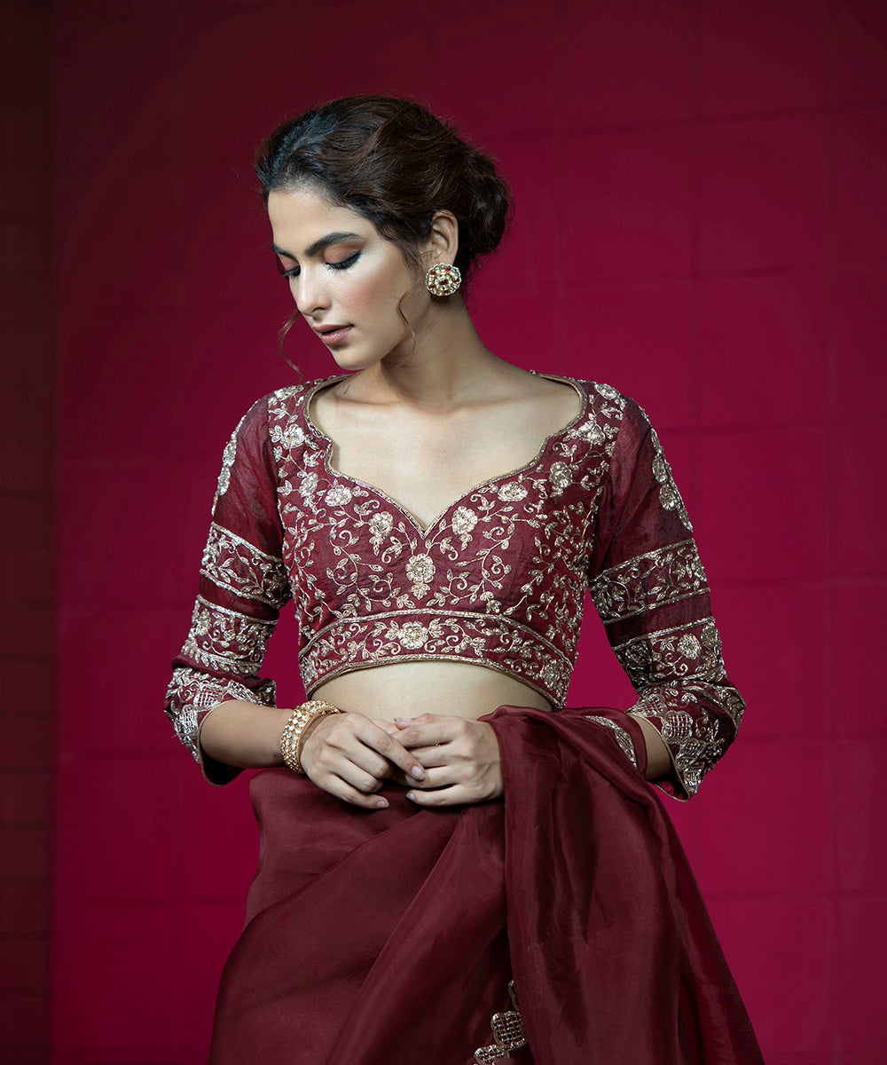 Handloom Maroon Embroidered Organza Saree With Raw Silk Blouse