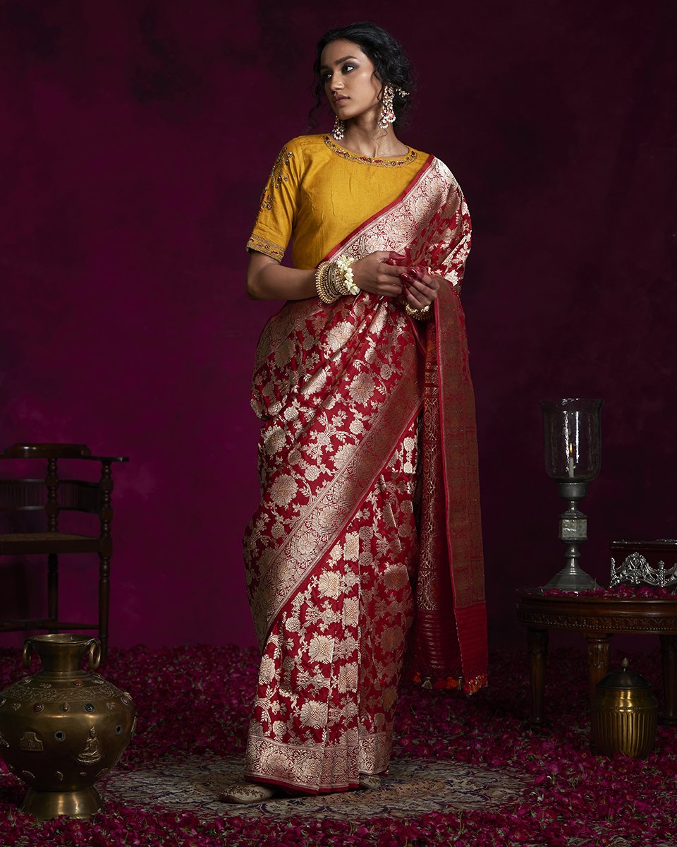 Maroon_Handloom_Kadhwa_Banarasi_Jangla_Saree_With_Mustard_Meenakari_WeaverStory_02