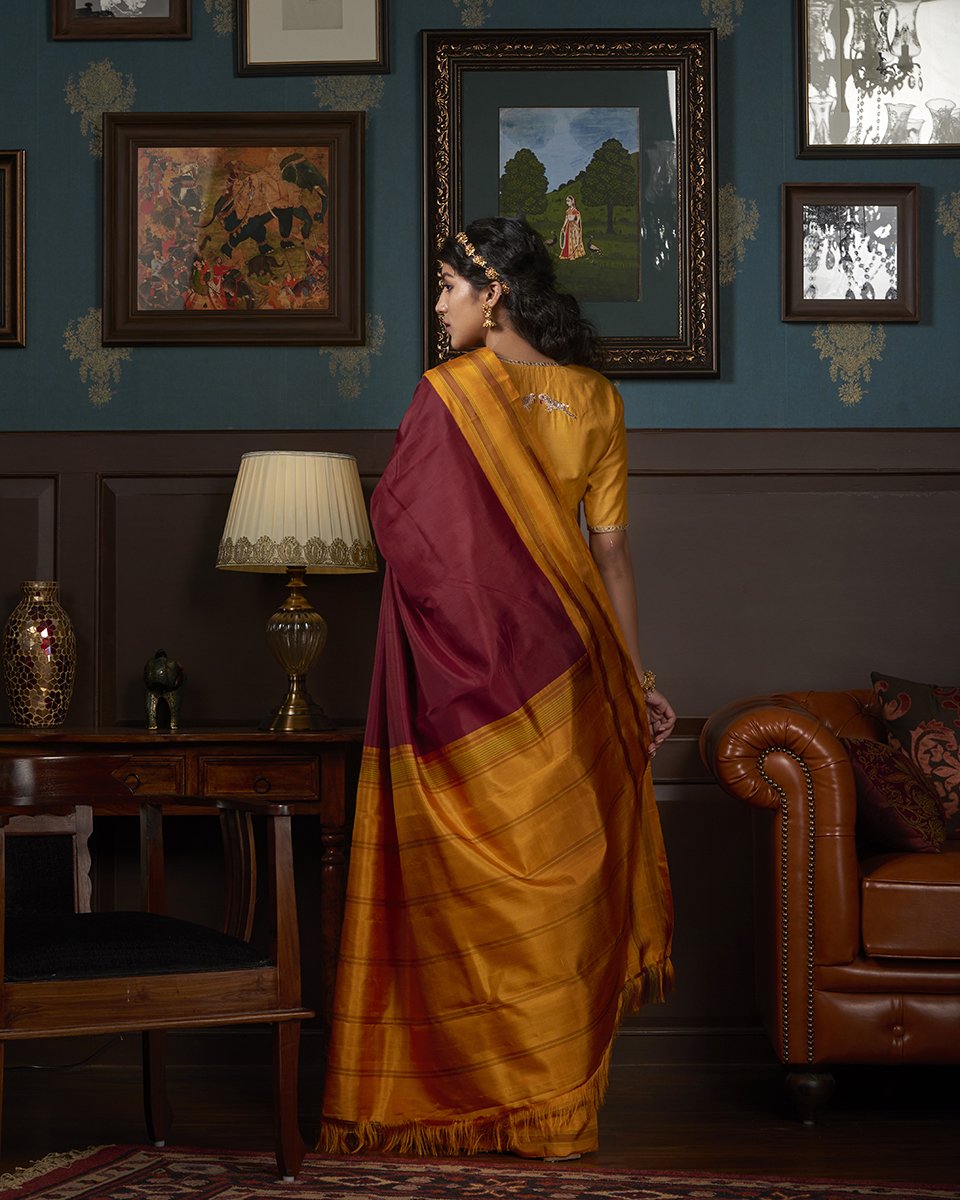Maroon_Handloom_Kanjivaram_Silk_Saree_With_Yellow_Border_WeaverStory_03