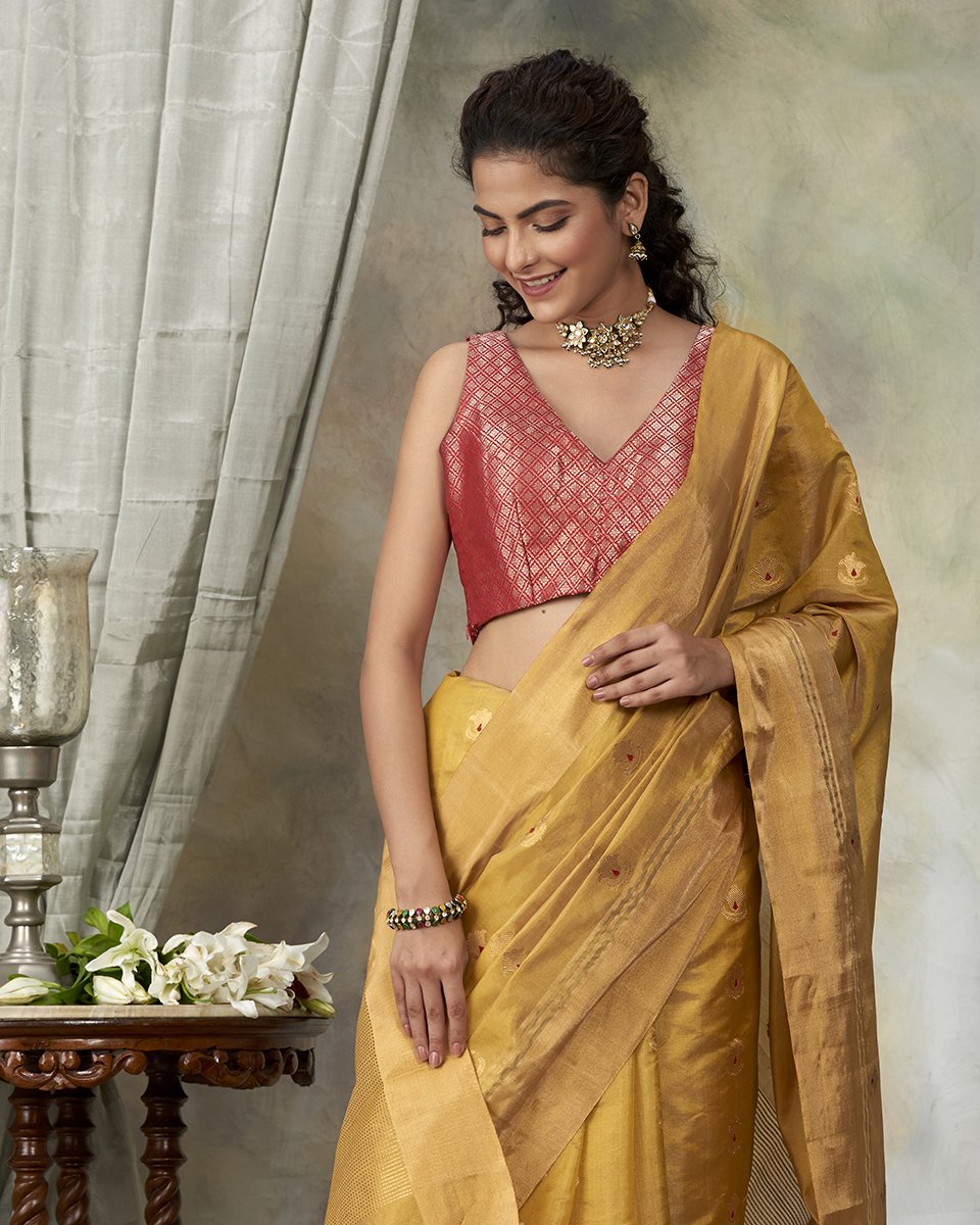 Mustard_Handloom_Tissue_Saree_With_Floral_Meenakari_Boota_WeaverStory_01