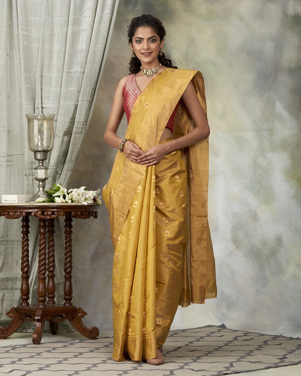 Mustard_Handloom_Tissue_Saree_With_Floral_Meenakari_Boota_WeaverStory_02