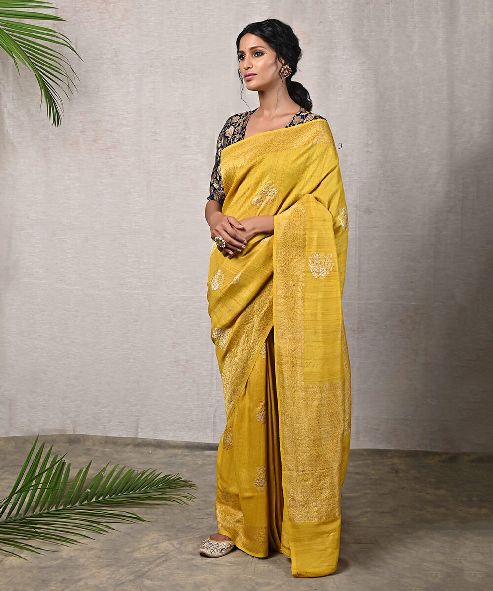 Mustard_Handloom_Pure_Tusser_Banarasi_Georgette_Saree_with_Kadhwa_Booti_WeaverStory_02