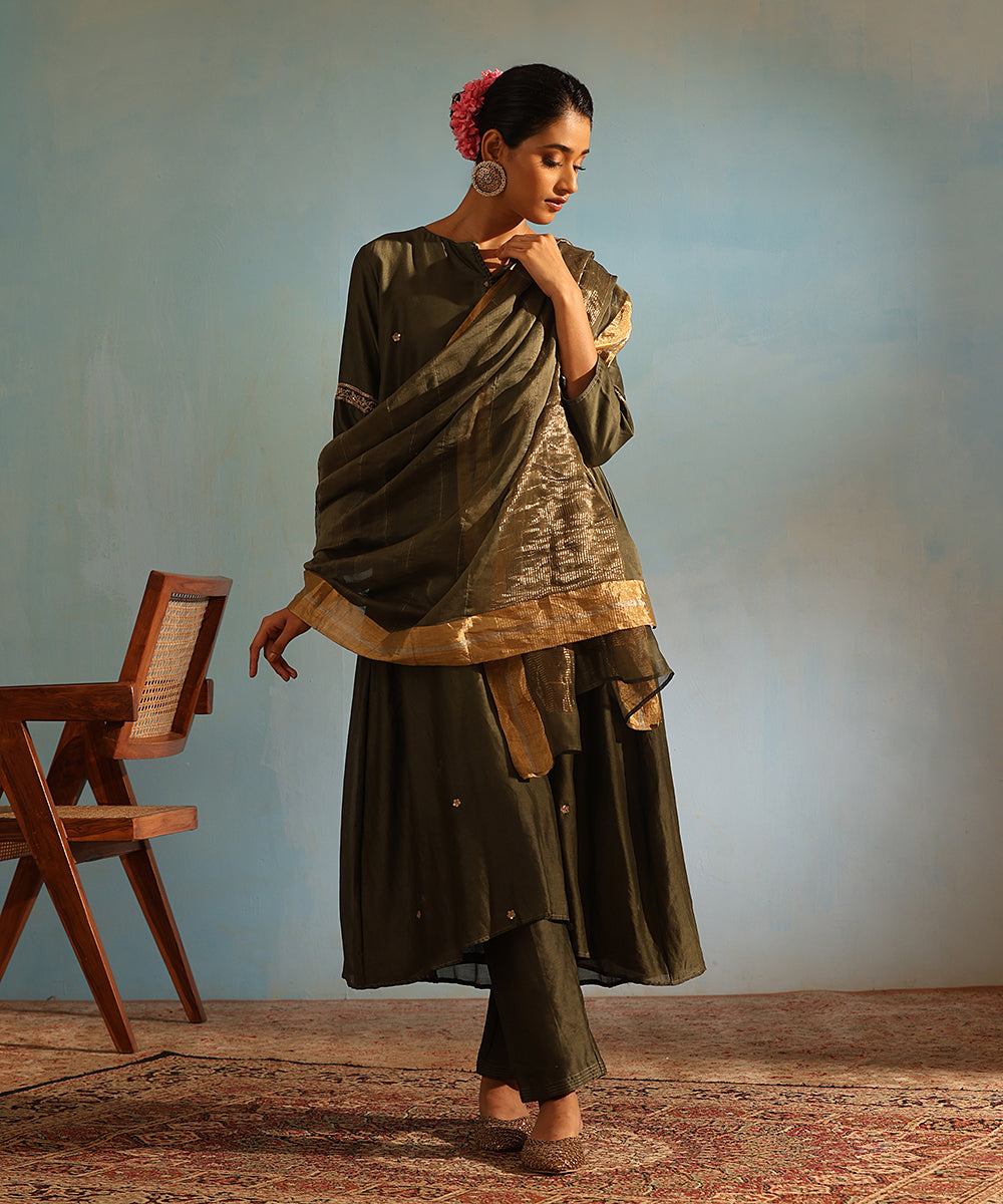 Handloom_Olive_Green_Chanderi_Silk_Kurta_With_Pants_And_Dupatta_WeaverStory_01