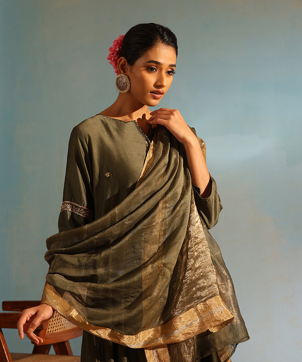 Handloom_Olive_Green_Chanderi_Silk_Kurta_With_Pants_And_Dupatta_WeaverStory_05