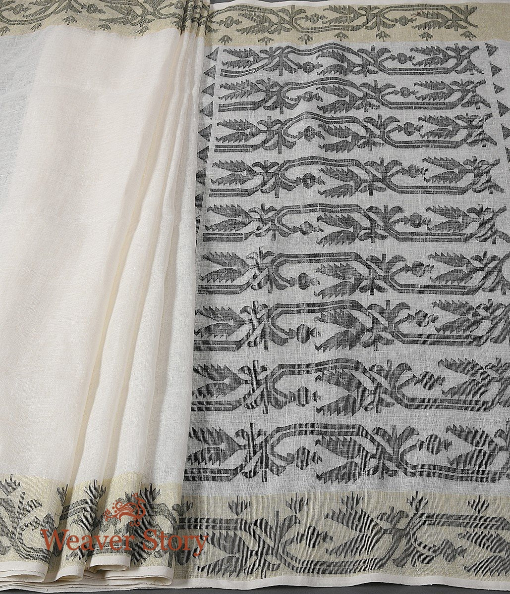 Hand_Woven_Linen_Jamdani_Saree_in_OffWhite_and_Black_WeaverStory_02