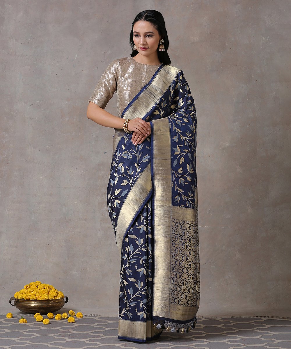 Navy_Blue_Handloom_Katan_Silk_Banarasi_Saree_with_Tusser_Jangla_and_Gold_Border_WeaverStory_01