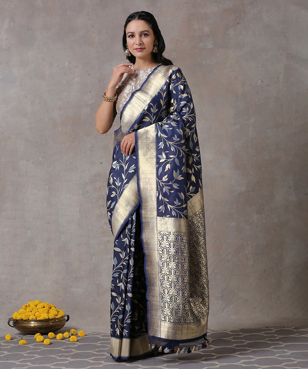 Navy_Blue_Handloom_Katan_Silk_Banarasi_Saree_with_Tusser_Jangla_and_Gold_Border_WeaverStory_02