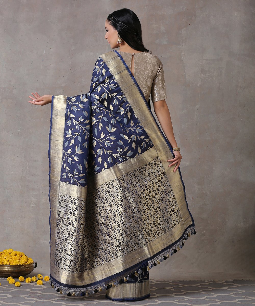 Navy_Blue_Handloom_Katan_Silk_Banarasi_Saree_with_Tusser_Jangla_and_Gold_Border_WeaverStory_03