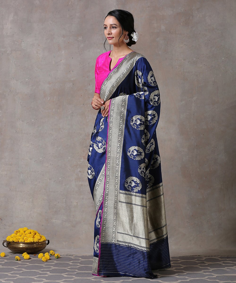 Navy_Blue_Handloom_Pure_Katan_Silk_Banarasi_Saree_with_Kadhwa_Crane_Motifs_and_Pink_Selvedge_WeaverStory_02