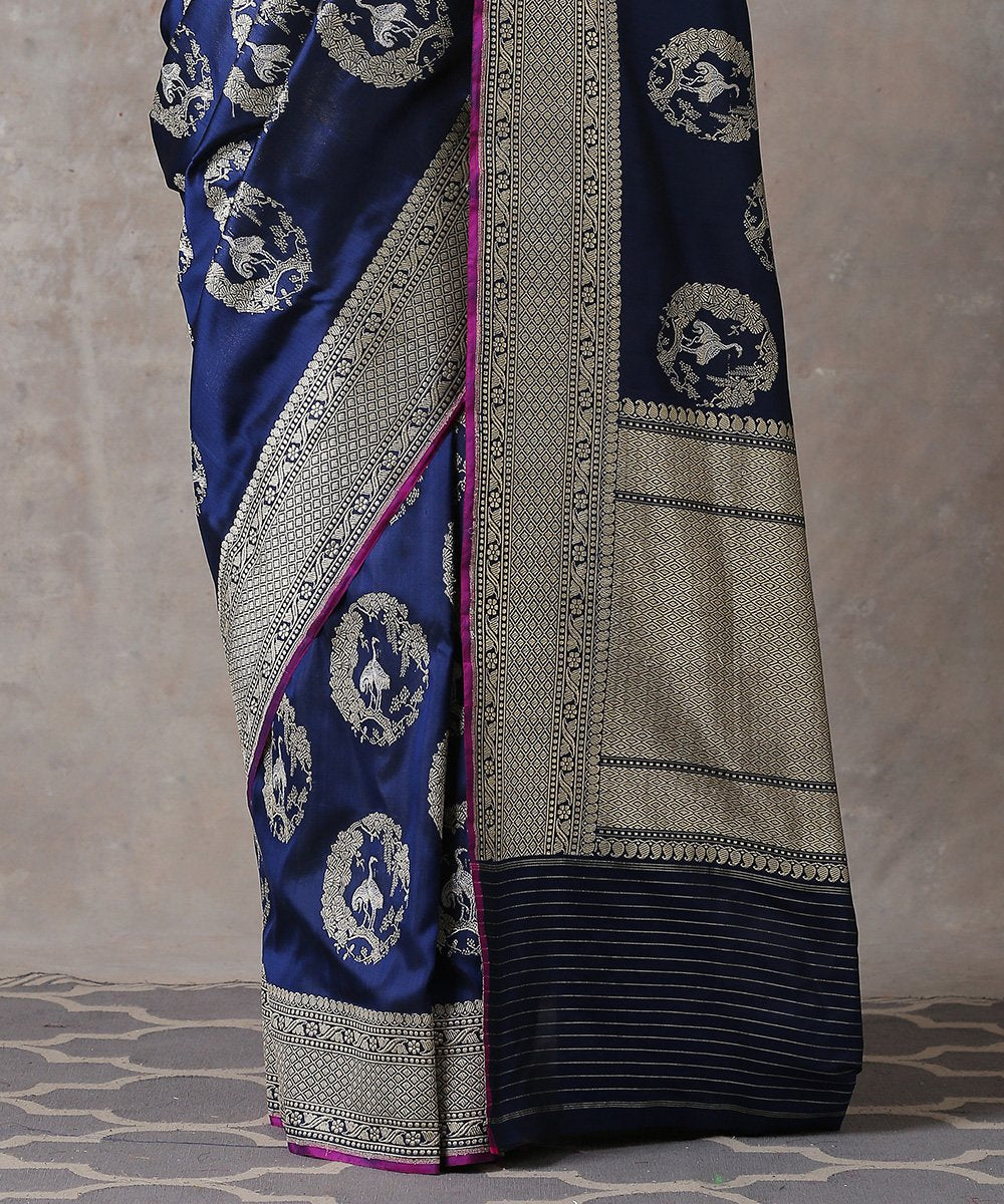 Navy_Blue_Handloom_Pure_Katan_Silk_Banarasi_Saree_with_Kadhwa_Crane_Motifs_and_Pink_Selvedge_WeaverStory_04
