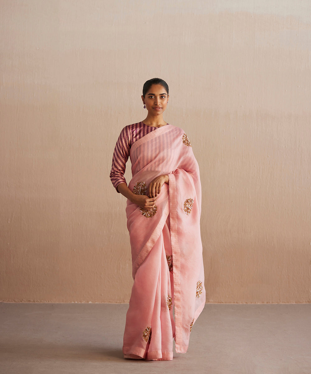 Blush_Pink_Handloom_Organza_Saree_With_Lotus_Motifs_And_Tissue_Stripes_WeaverStory_01