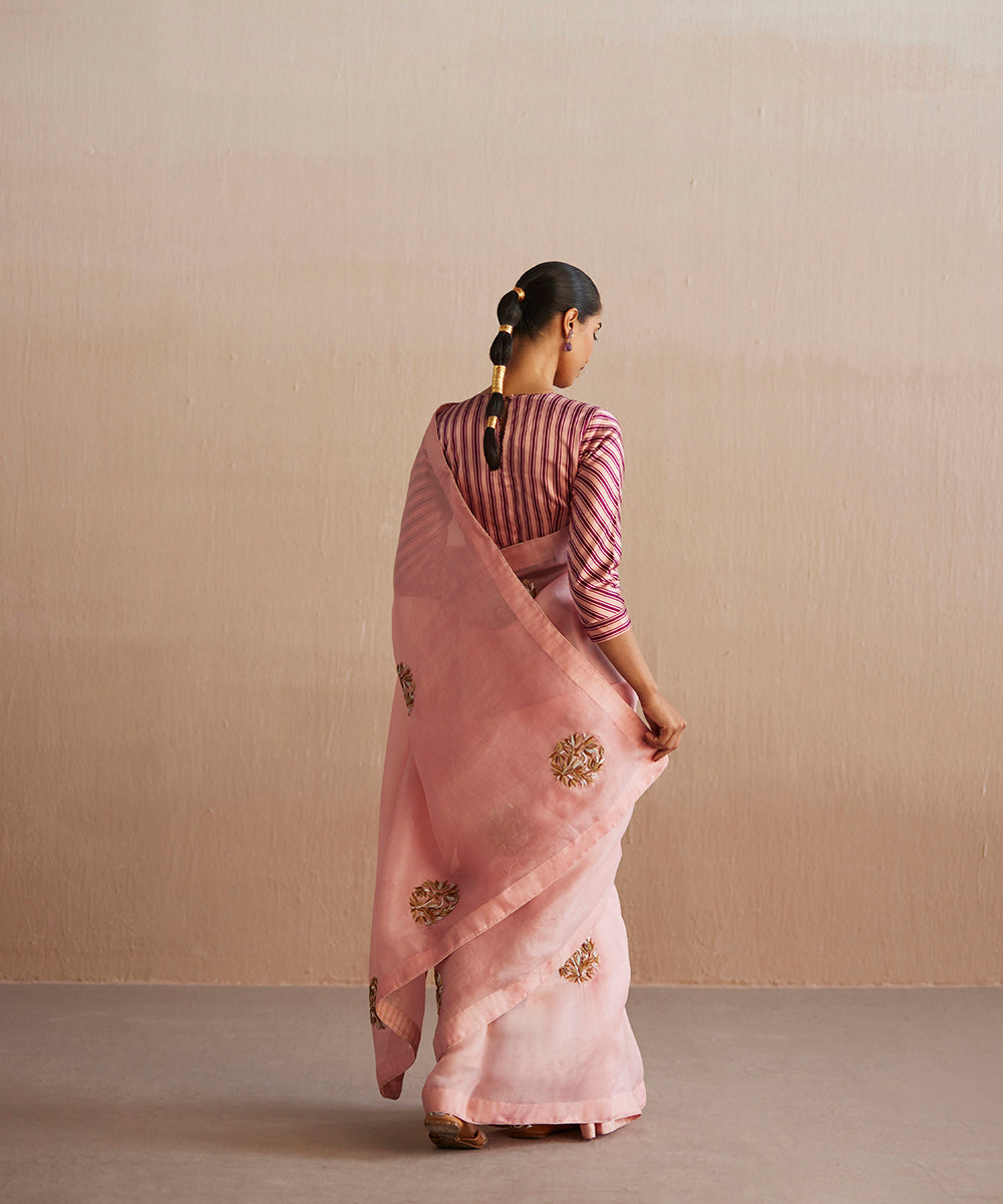 Blush_Pink_Handloom_Organza_Saree_With_Lotus_Motifs_And_Tissue_Stripes_WeaverStory_03
