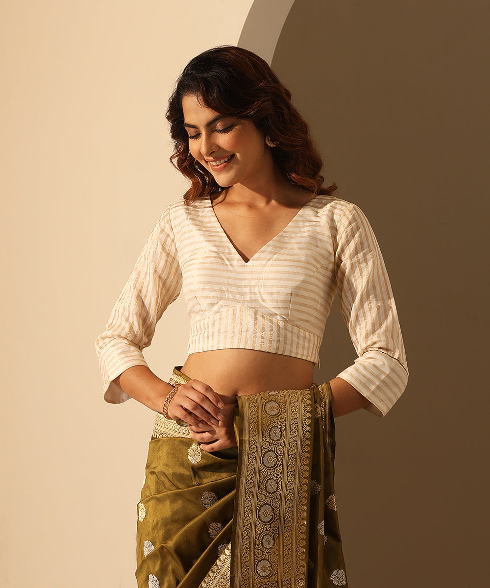 White_Handloom_Tissue_Silk_Blouse_With_V-Neckline_WeaverStory_02