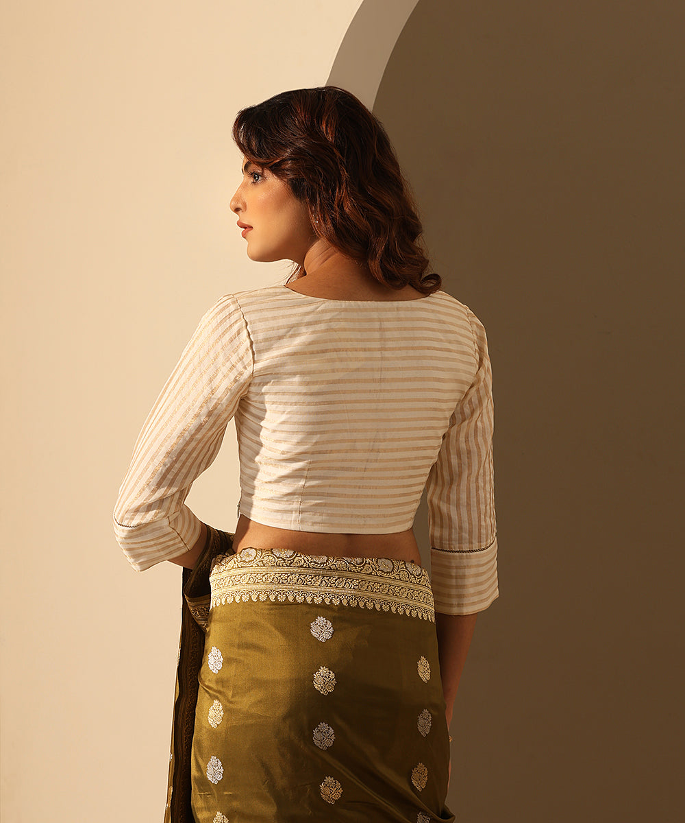 White_Handloom_Tissue_Silk_Blouse_With_V-Neckline_WeaverStory_03