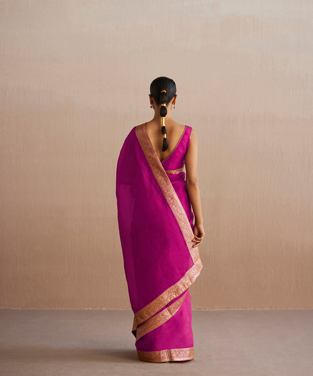 Handloom_Hot_Pink_Organza_Saree_With_Golden_Sanjab_Border_WeaverStory_03
