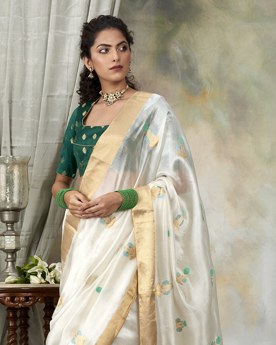 Milky_White_Handloom_Chanderi_Silk_Saree_with_Floral_Meenakari_Booti_WeaverStory_01