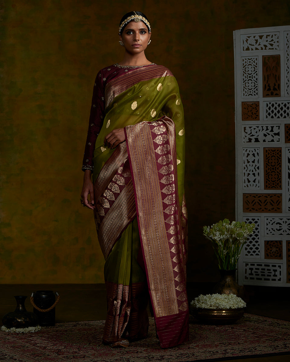 Olive_Green_Kora_Silk_Banarasi_Handloom_Saree_with_Wine_Katan_Silk_Border_WeaverStory_02