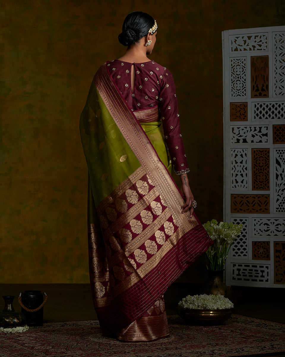Olive_Green_Kora_Silk_Banarasi_Handloom_Saree_with_Wine_Katan_Silk_Border_WeaverStory_03