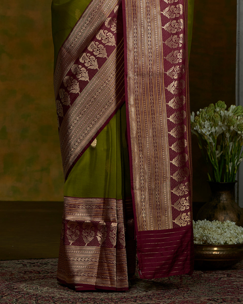 Olive_Green_Kora_Silk_Banarasi_Handloom_Saree_with_Wine_Katan_Silk_Border_WeaverStory_04