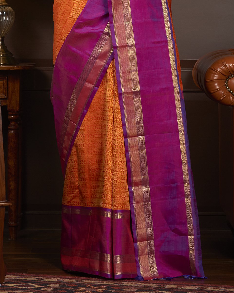 Orange_and_Purple_Handloom_Kanjivaram_Silk_Saree_with_Gold_Zari_Border_WeaverStory_04
