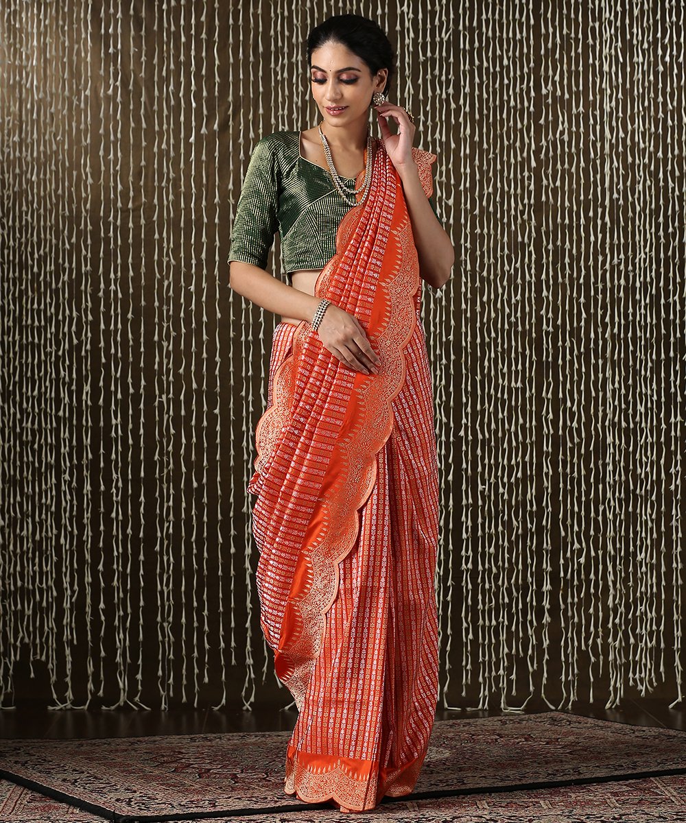 Orange_Handloom_Heavy_Brocade_Banarasi_Saree_with_Scallop_Border_WeaverStory_02